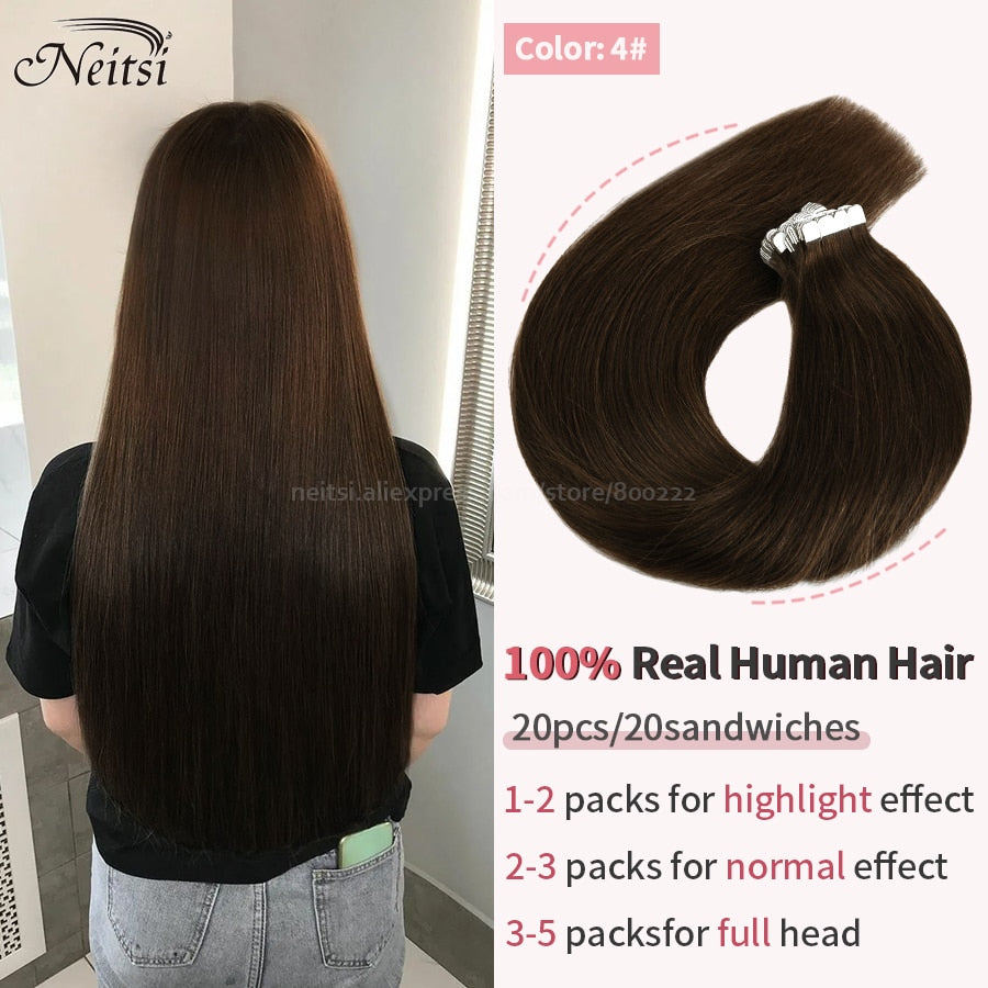 Neitsi Mini Tape In Human Hair Adhesive Extensions 12&quot;-24&quot; Blonde Remy Straight Invisible Skin Weft 100% Real Natural Glue Hair