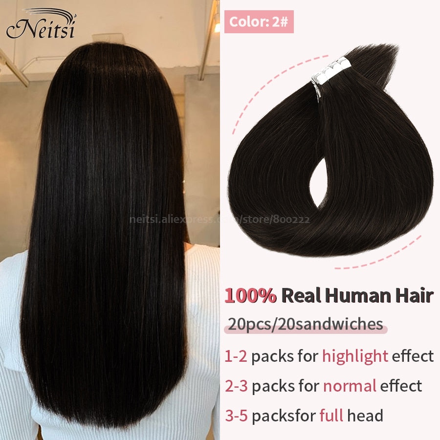 Neitsi Mini Tape In Human Hair Adhesive Extensions 12&quot;-24&quot; Blonde Remy Straight Invisible Skin Weft 100% Real Natural Glue Hair