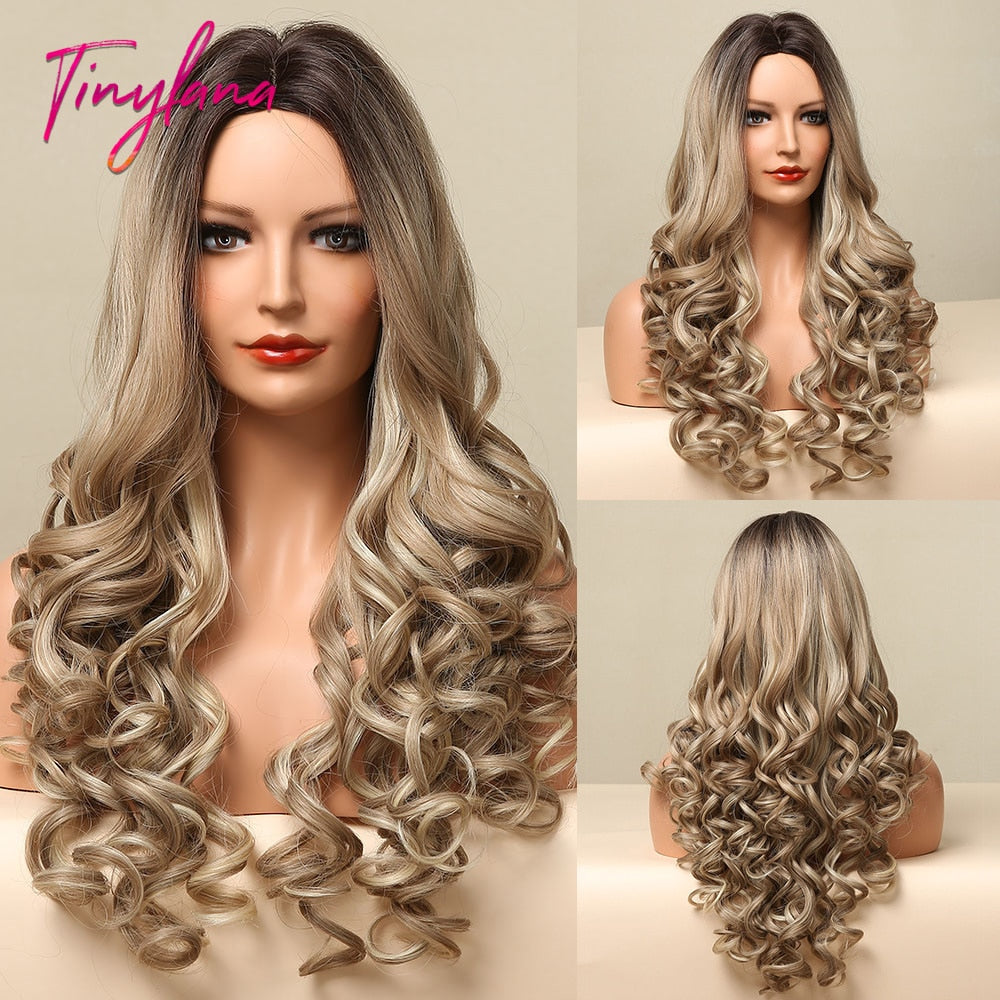 TINY LANA Long Wavy Blonde Synthetic Wigs with Highlights Middle Part for Afro Women Cosplay Natural Hair Heat Resistant Fibre