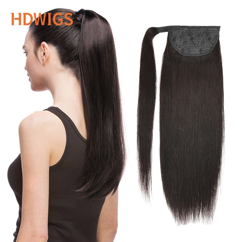 Straight Ponytail 100% Brazilian Human Remy Hair Extension Wrapped Around Human Hairpiece for Women Clip in Drawstring Ponytail