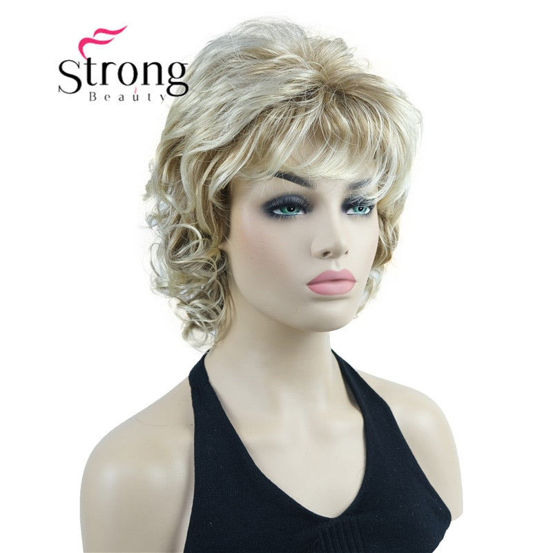 StrongBeauty Short Wig Soft Tousled Curls Blonde Highlights Full Synthetic Wigs COLOUR CHOICES