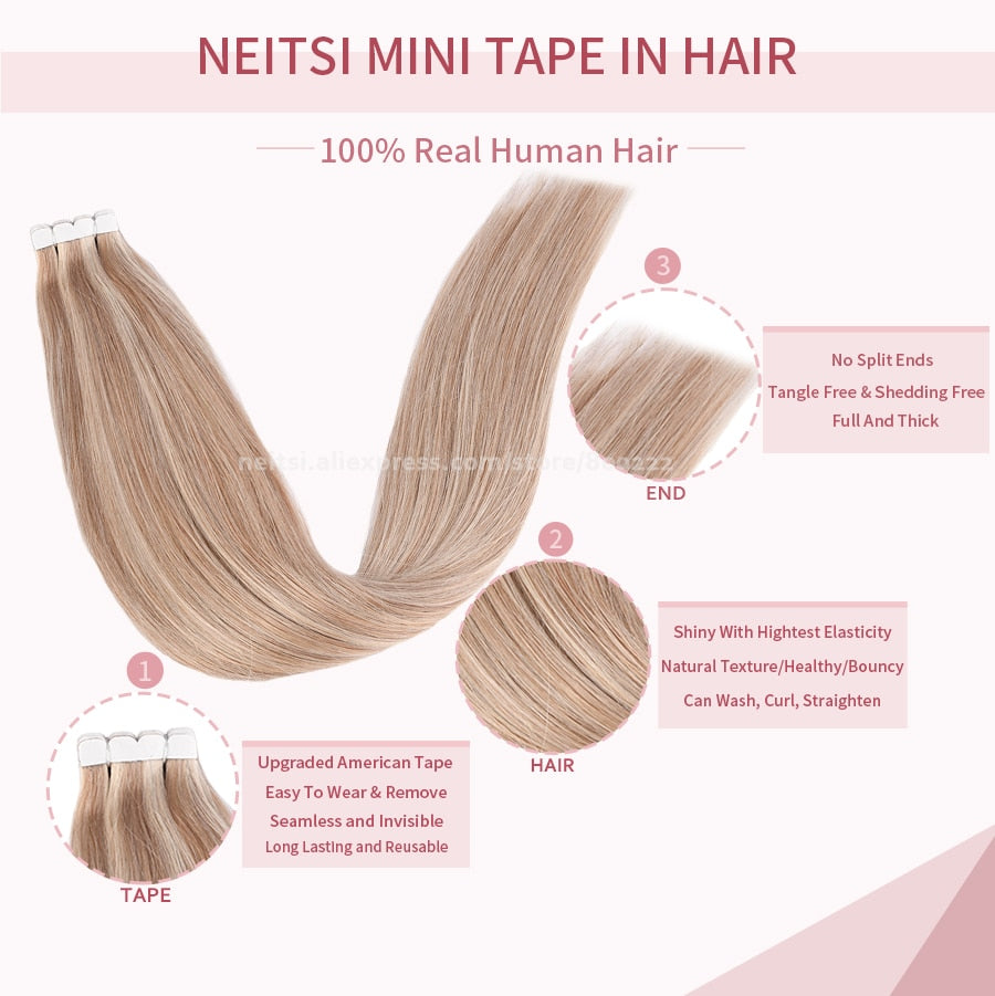 Neitsi Mini Tape In Human Hair Adhesive Extensions 12&quot;-24&quot; Blonde Remy Straight Invisible Skin Weft 100% Real Natural Glue Hair