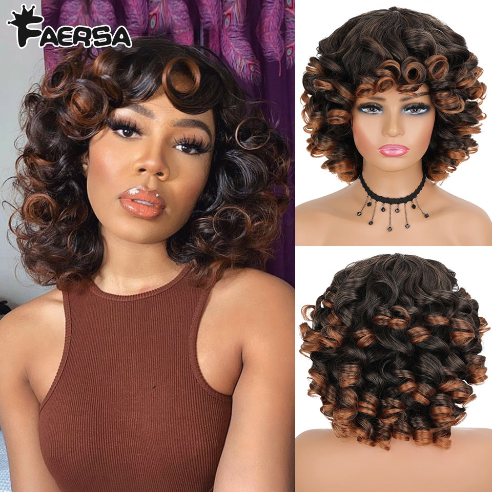 Short Hair Afro Kinky Curly Wigs With Bangs For Black Women Fluffy Synthetic African Ombre Glueless Cosplay Natural Brown Wigs