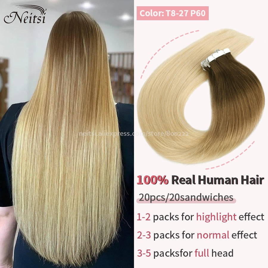 Neitsi Mini Tape In Human Hair Adhesive Extensions 12&quot;-24&quot; Blonde Remy Straight Invisible Skin Weft 100% Real Natural Glue Hair