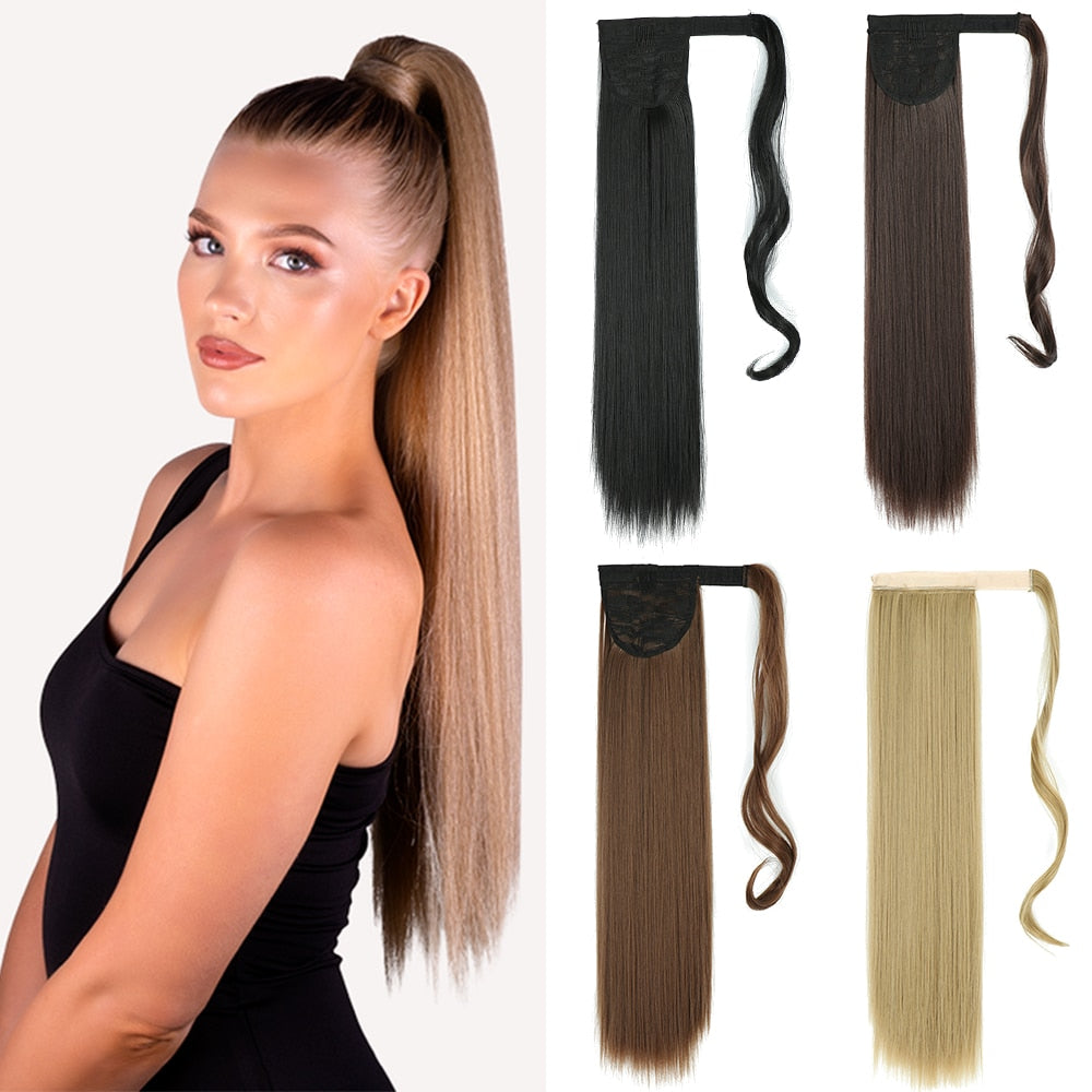 AZIR Long Straight Ponytail Hair Synthetic Extensions Heat Resistant Hair 22Inch Wrap Around Pony Hairpiece for Women