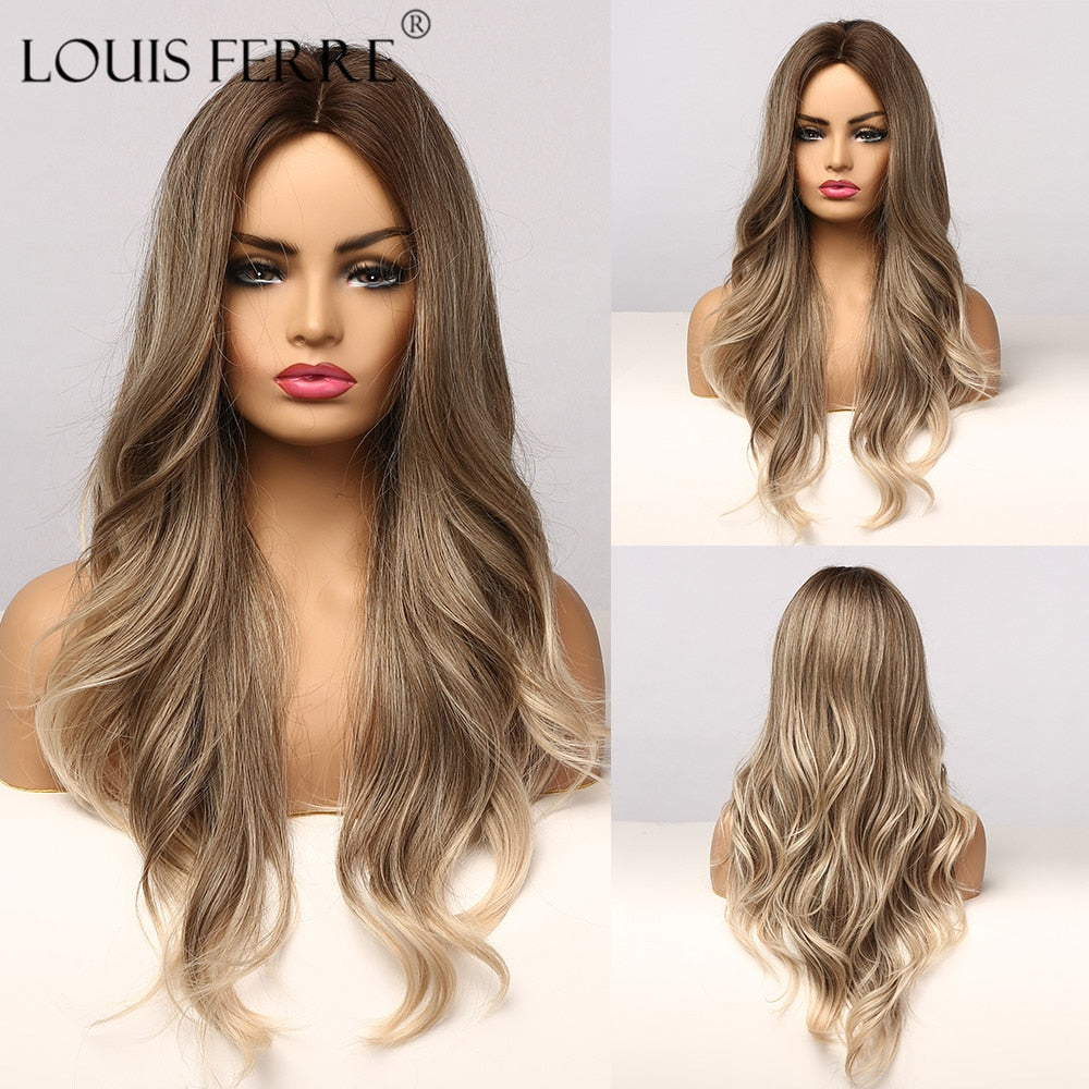 LOUIS FERRE Synthetic Ombre Wig for Women Brown Highlights on Blonde Hair Wig Long Wave Wig Natural Looking Heat Resistant Fibre