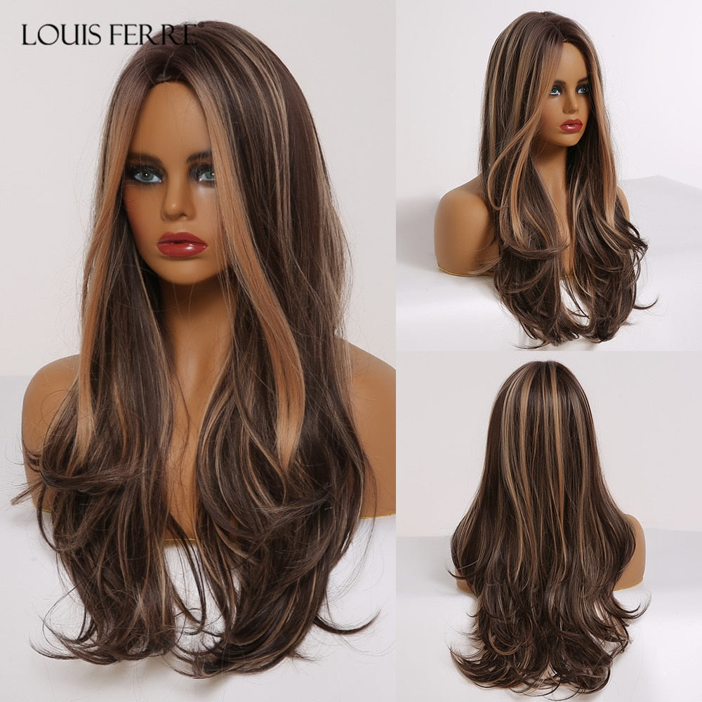 LOUIS FERRE Synthetic Ombre Wig for Women Brown Highlights on Blonde Hair Wig Long Wave Wig Natural Looking Heat Resistant Fibre