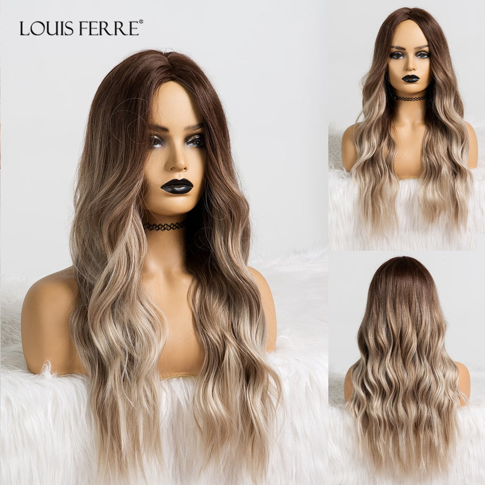 LOUIS FERRE Synthetic Ombre Wig for Women Brown Highlights on Blonde Hair Wig Long Wave Wig Natural Looking Heat Resistant Fibre