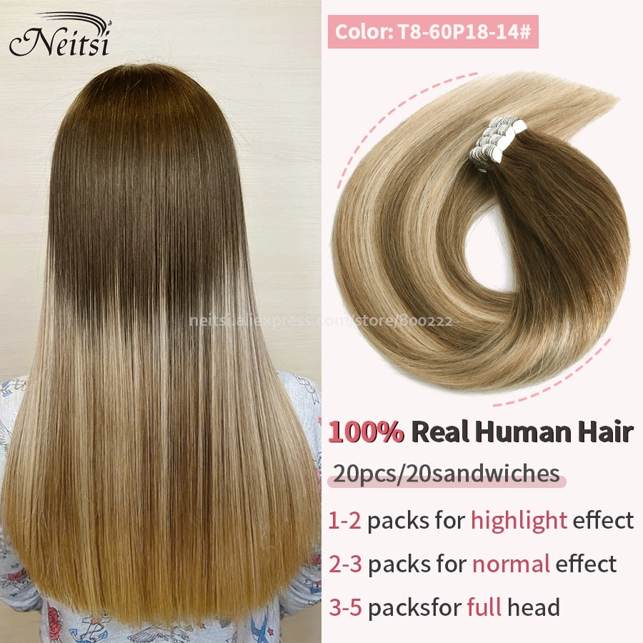 Neitsi Mini Tape In Human Hair Adhesive Extensions 12&quot;-24&quot; Blonde Remy Straight Invisible Skin Weft 100% Real Natural Glue Hair