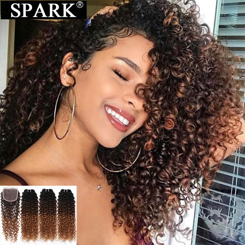 Ombre SPARK Brazilian Human Hair Weave Bundles With Closure Afro Kinky Curly Hair With Closure Remy Human Hair Extensions Black