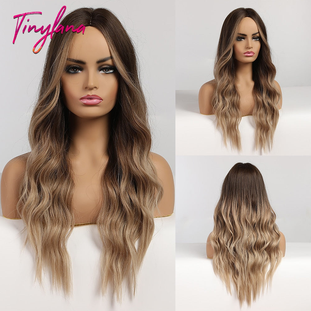 TINY LANA Long Wavy Blonde Synthetic Wigs with Highlights Middle Part for Afro Women Cosplay Natural Hair Heat Resistant Fibre