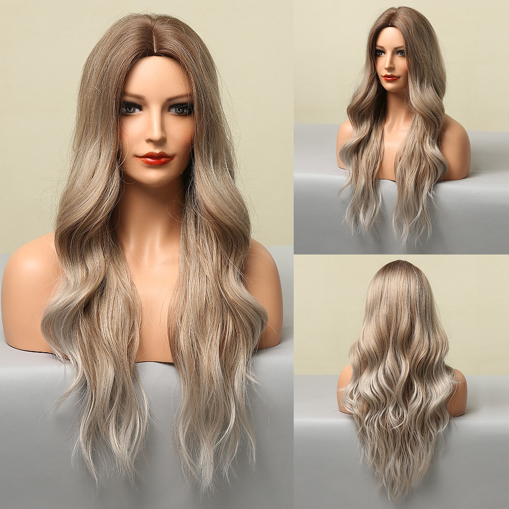 LOUIS FERRE Synthetic Ombre Wig for Women Brown Highlights on Blonde Hair Wig Long Wave Wig Natural Looking Heat Resistant Fibre