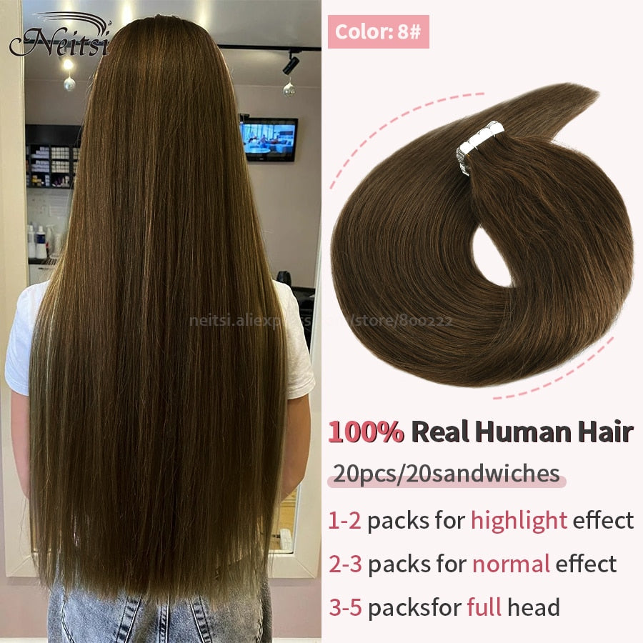 Neitsi Mini Tape In Human Hair Adhesive Extensions 12&quot;-24&quot; Blonde Remy Straight Invisible Skin Weft 100% Real Natural Glue Hair