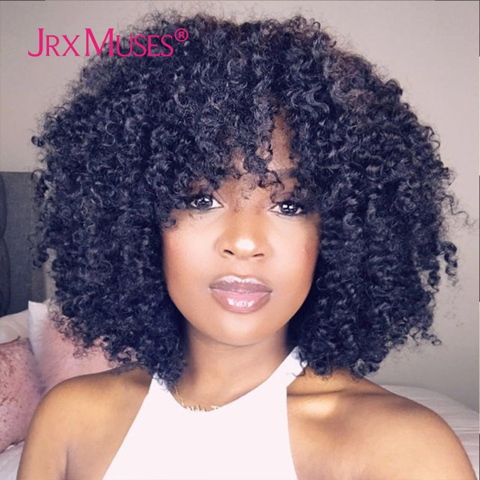 200 Density Curly Wig With Bangs Human Hair Wigs Machine Made Fringe Short Bob Wig Thick Afro Kinky Curly Wigs For Black Women