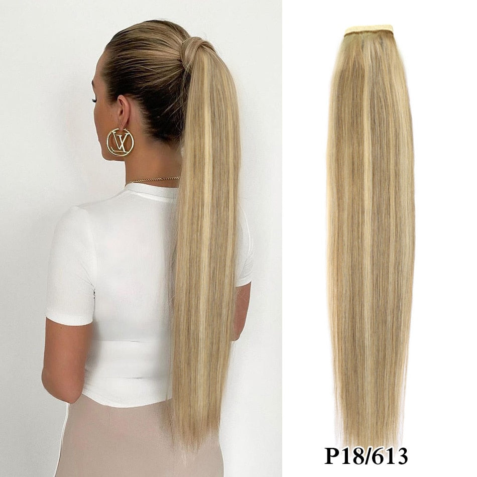 Real Beauty Ponytail Human Hair  Remy Hair Extensions European Warp Around Drawstring Clip Ins Ponytail Highlight Blonde Brown