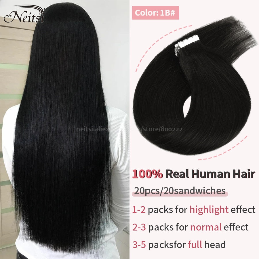 Neitsi Mini Tape In Human Hair Adhesive Extensions 12&quot;-24&quot; Blonde Remy Straight Invisible Skin Weft 100% Real Natural Glue Hair