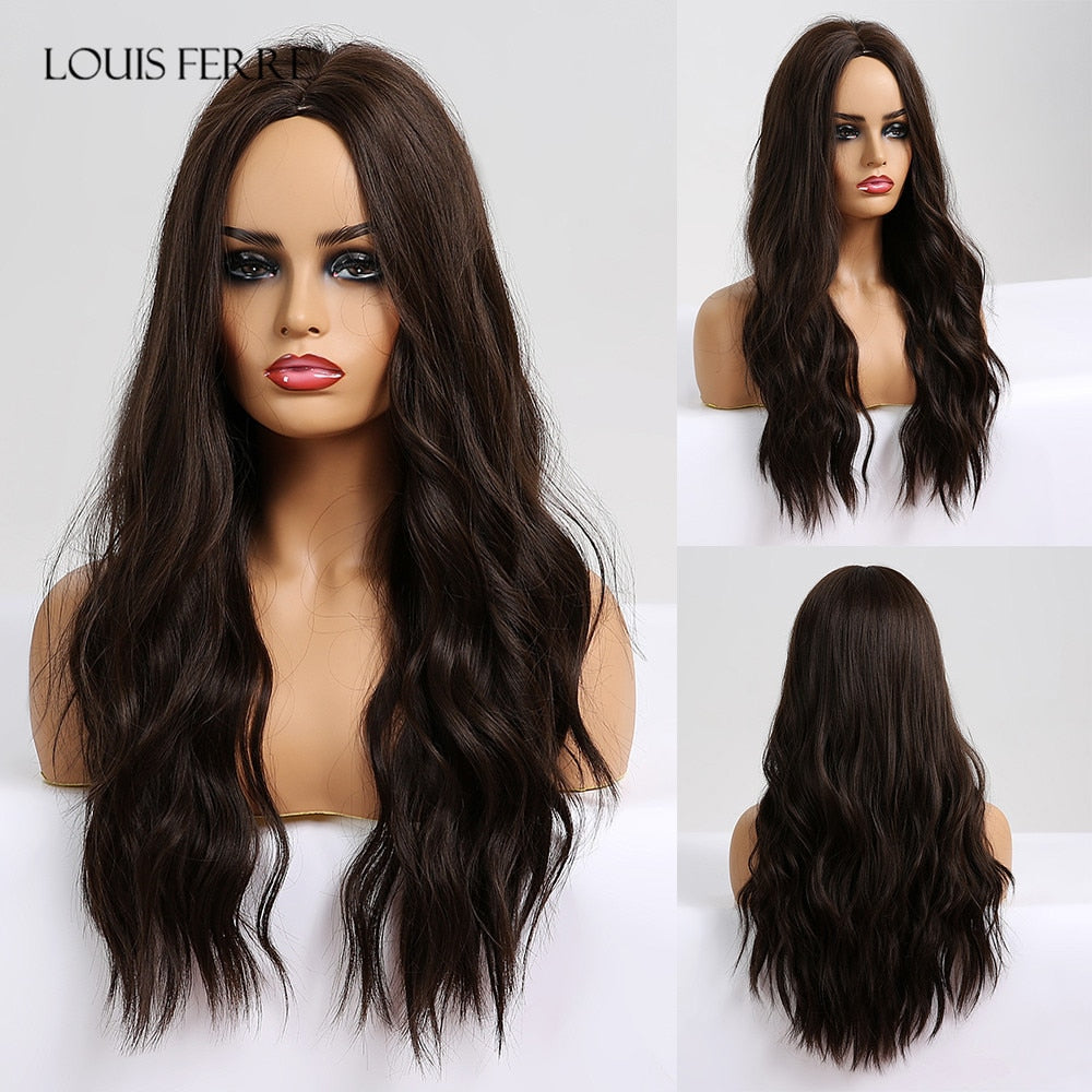 LOUIS FERRE Synthetic Ombre Wig for Women Brown Highlights on Blonde Hair Wig Long Wave Wig Natural Looking Heat Resistant Fibre