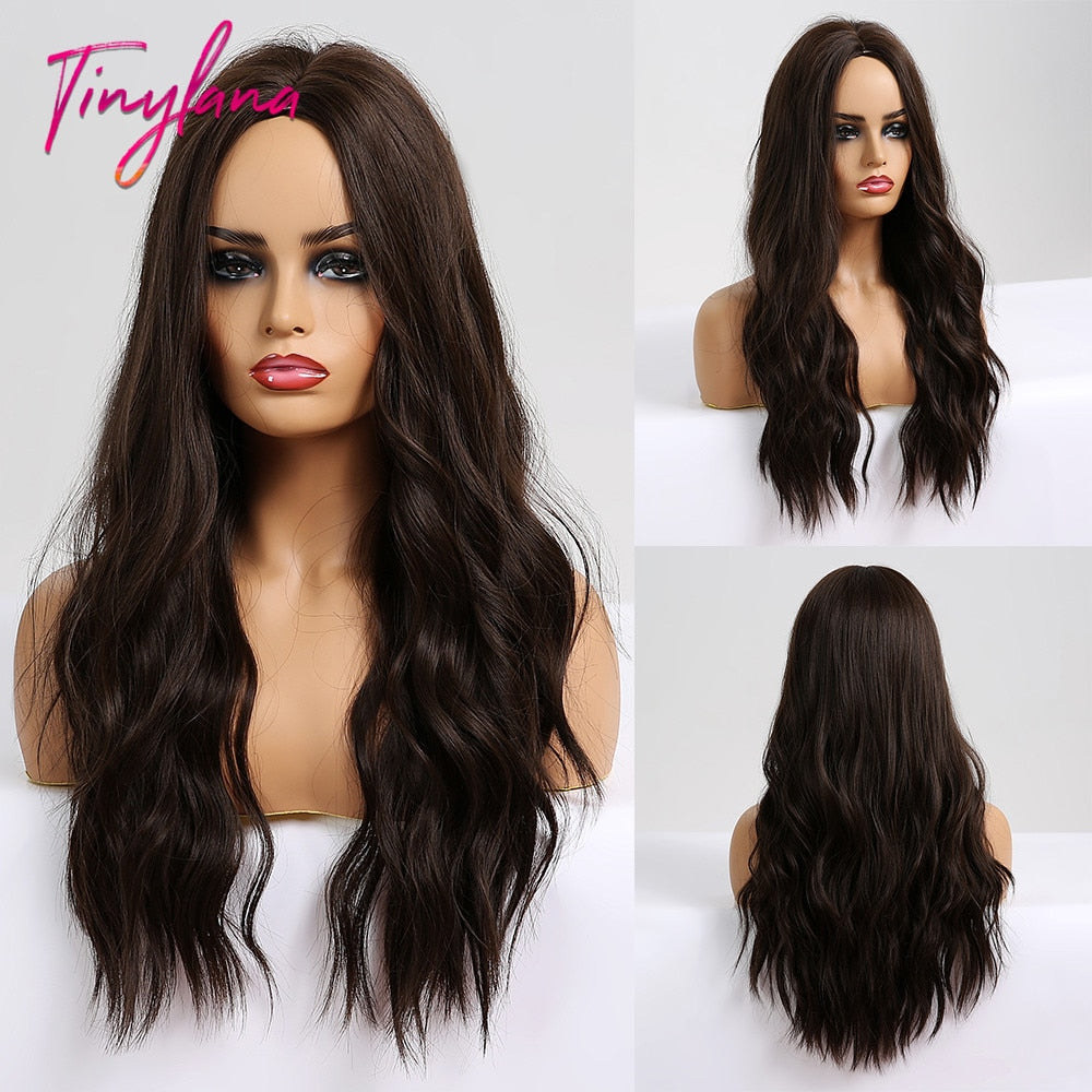 TINY LANA Long Wavy Blonde Synthetic Wigs with Highlights Middle Part for Afro Women Cosplay Natural Hair Heat Resistant Fibre