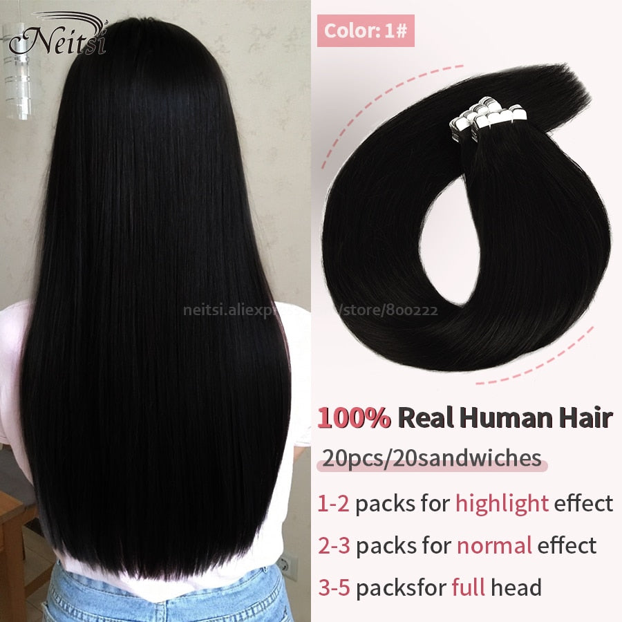 Neitsi Mini Tape In Human Hair Adhesive Extensions 12&quot;-24&quot; Blonde Remy Straight Invisible Skin Weft 100% Real Natural Glue Hair