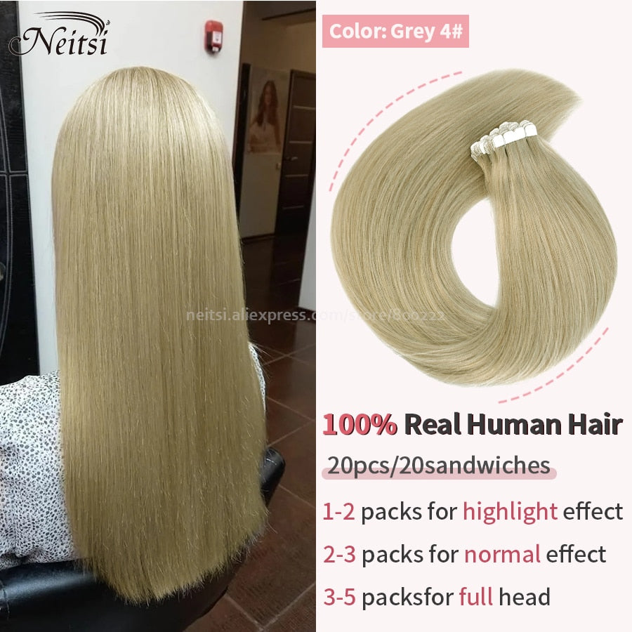 Neitsi Mini Tape In Human Hair Adhesive Extensions 12&quot;-24&quot; Blonde Remy Straight Invisible Skin Weft 100% Real Natural Glue Hair