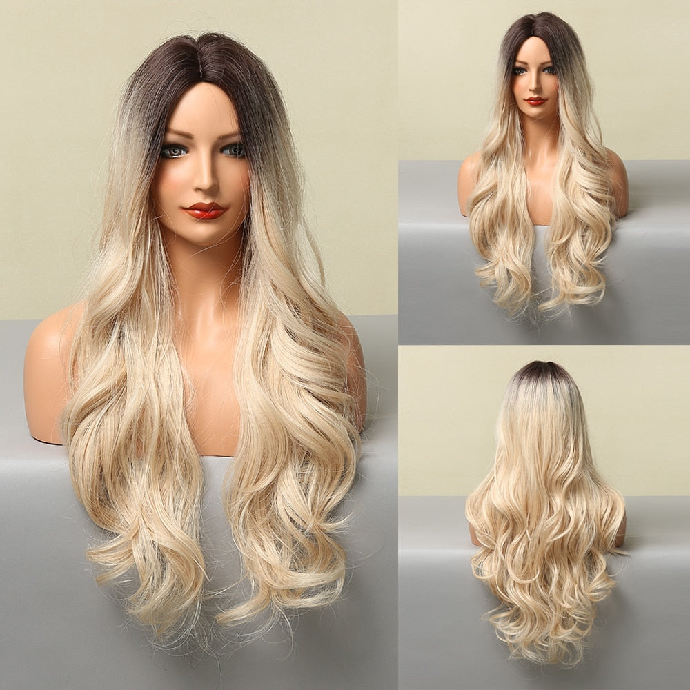 LOUIS FERRE Synthetic Ombre Wig for Women Brown Highlights on Blonde Hair Wig Long Wave Wig Natural Looking Heat Resistant Fibre