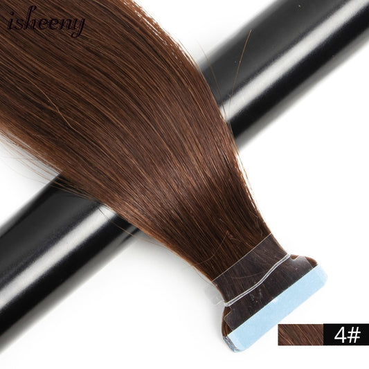 Isheeny Blonde Human Hair Tape In Extensions European Natural Hair Extension Skin PU Weft 12&quot;-24&quot; Black Brown 100% Human Hair