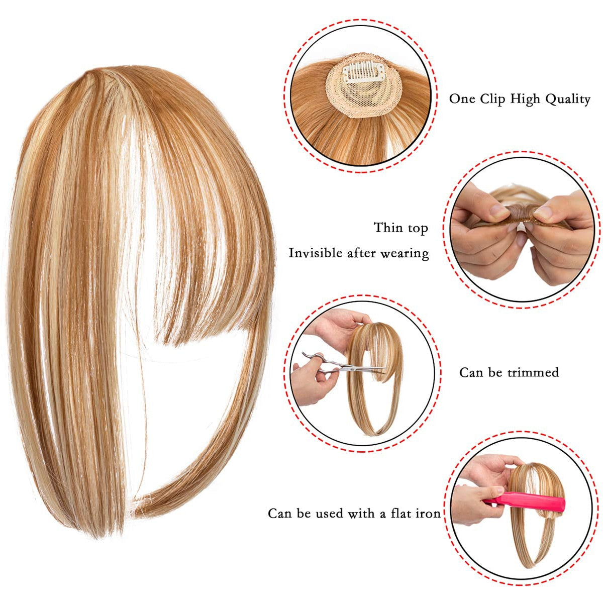 SHANGZI False Bangs Synthetic hair Bangs Hair Extension Fake Fringe Natural hair clip on bangs Light Brown HighTemperature wigs