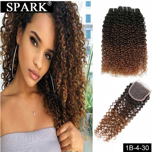 Ombre SPARK Brazilian Human Hair Weave Bundles With Closure Afro Kinky Curly Hair With Closure Remy Human Hair Extensions Black