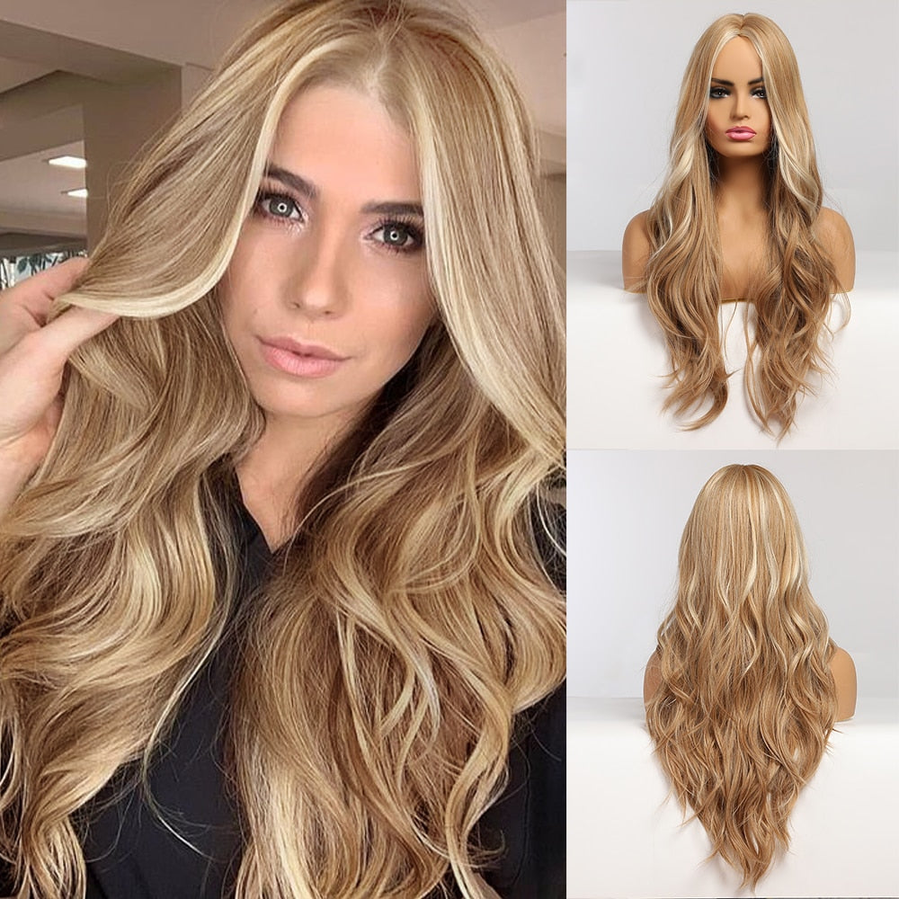 Long Wavy Blonde Synthetic Wigs with Highlights Wigs Middle Part for Afro Women Heat Resistant Cosplay Natural Hair Wigs