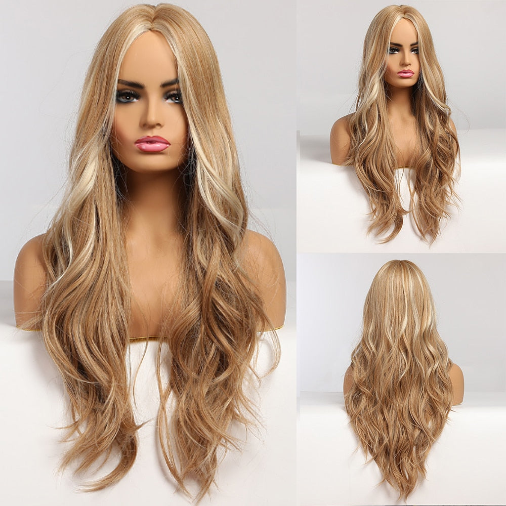 LOUIS FERRE Synthetic Ombre Wig for Women Brown Highlights on Blonde Hair Wig Long Wave Wig Natural Looking Heat Resistant Fibre