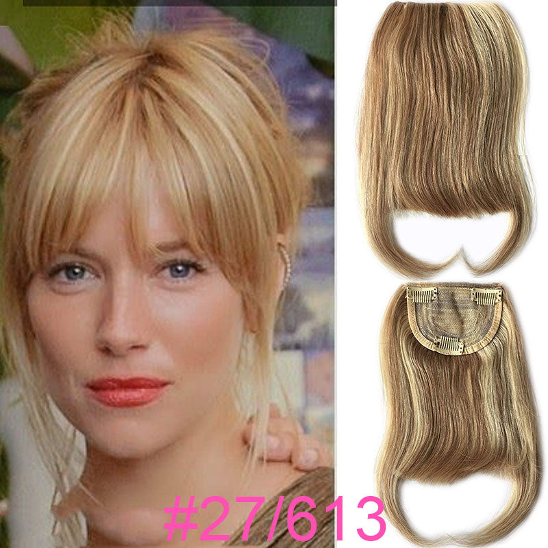 27P613 Blonde Mixed Brown Color Brazilian Human Hair Clip-in Hair Bangs Full Fringe Short Straight Hair Extension for women 6-8&quot;