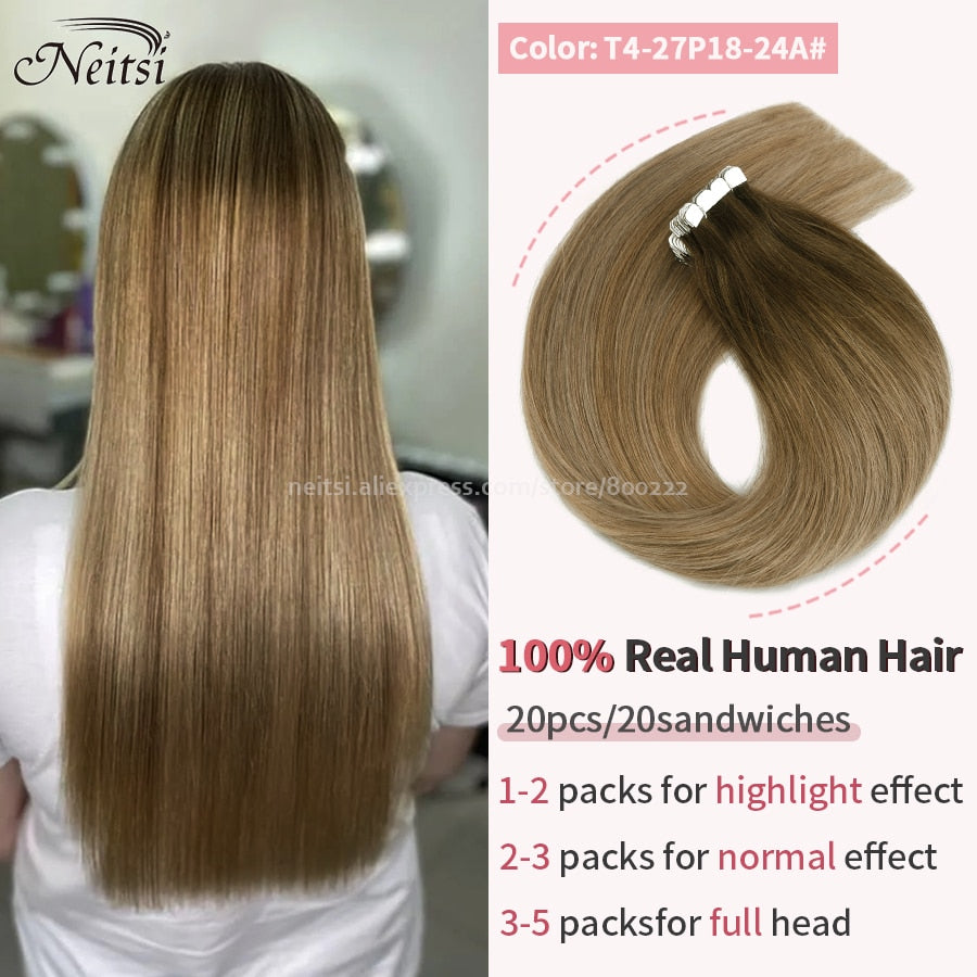 Neitsi Mini Tape In Human Hair Adhesive Extensions 12&quot;-24&quot; Blonde Remy Straight Invisible Skin Weft 100% Real Natural Glue Hair