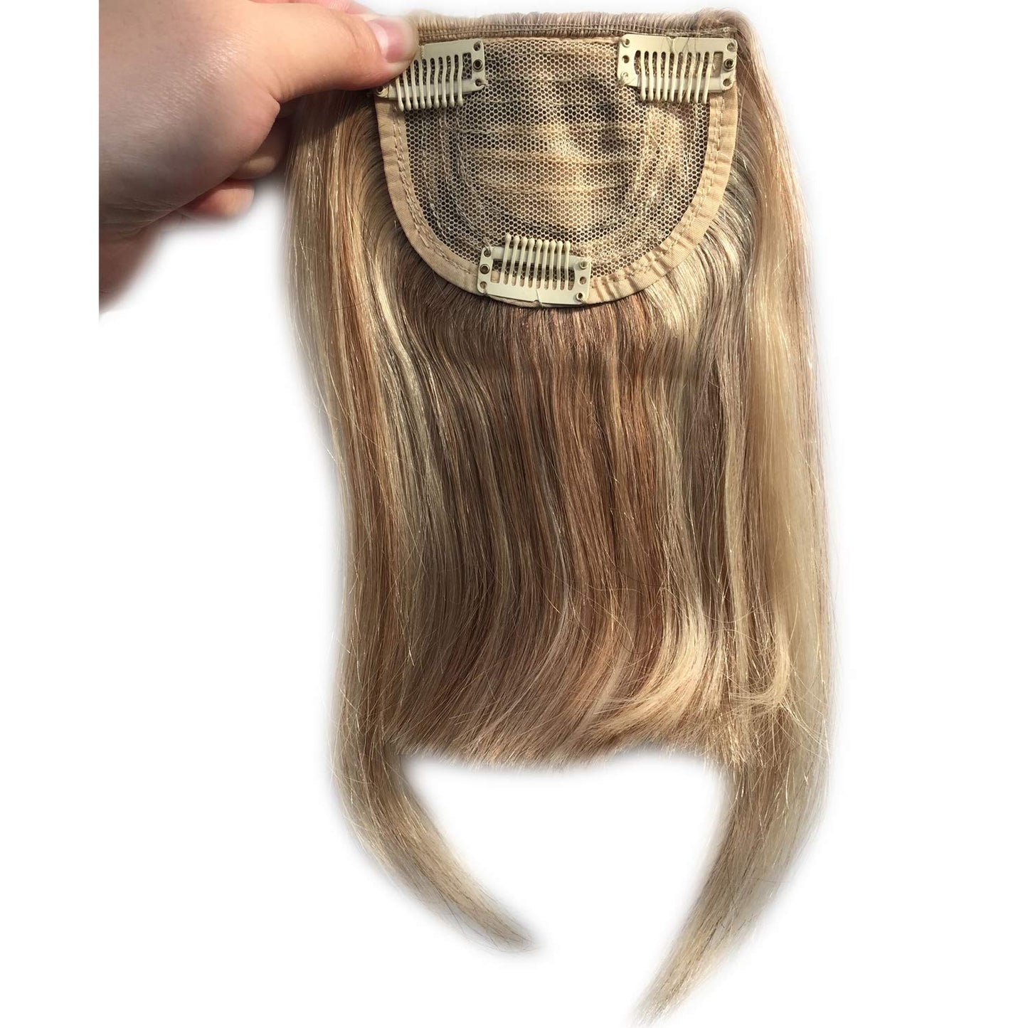 27P613 Blonde Mixed Brown Color Brazilian Human Hair Clip-in Hair Bangs Full Fringe Short Straight Hair Extension for women 6-8&quot;