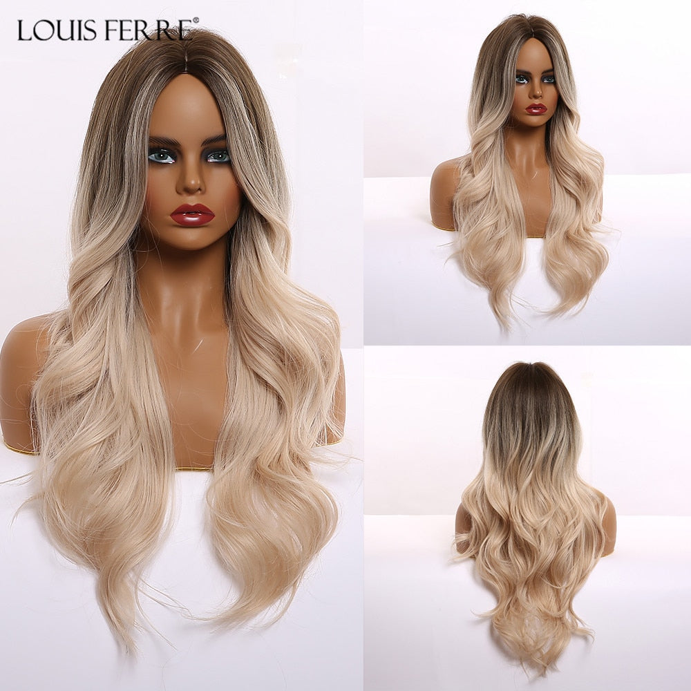 LOUIS FERRE Synthetic Ombre Wig for Women Brown Highlights on Blonde Hair Wig Long Wave Wig Natural Looking Heat Resistant Fibre