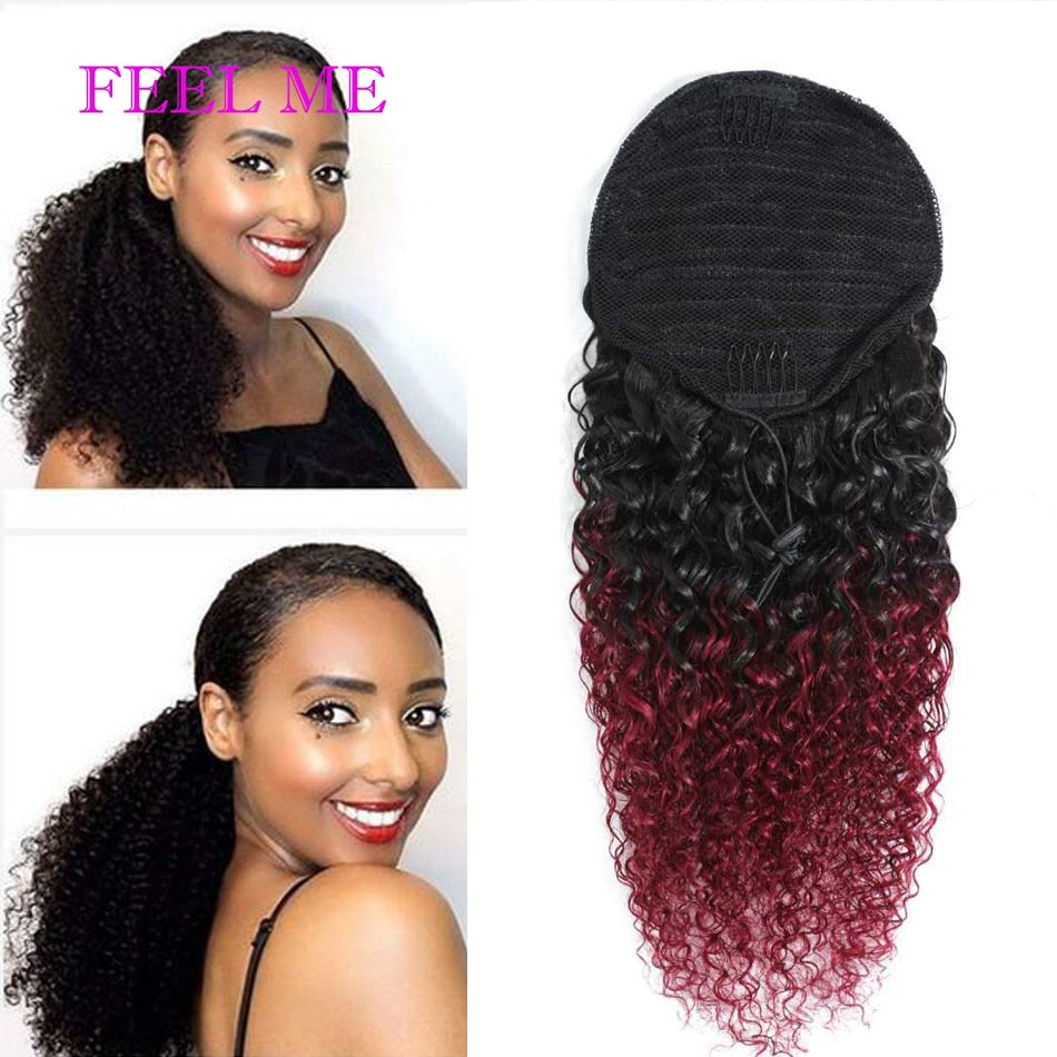 FEELME Afro Kinky Curly Ponytail Human Hair Ombre Burgundy Brazilian Curly Drawstring Ponytail Hair Extensions 1b/30 Remy Hair