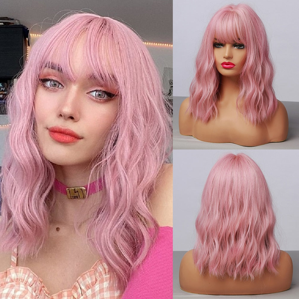 EASIHAIR Pink Bob Wigs for Women Synthetic Wigs with Bangs Natural Hair Pink Wig Medium Length Cute Cosplay Wigs Heat Resistant