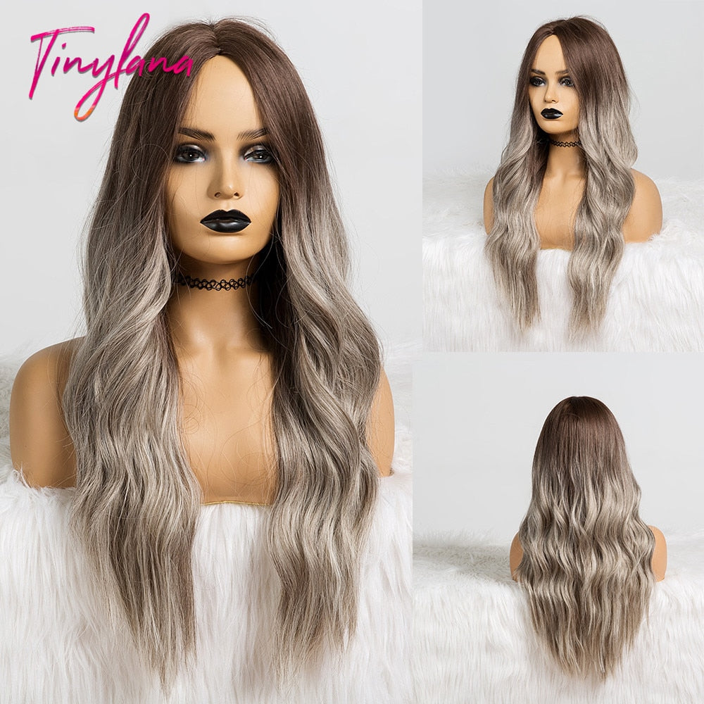 TINY LANA Long Wavy Blonde Synthetic Wigs with Highlights Middle Part for Afro Women Cosplay Natural Hair Heat Resistant Fibre