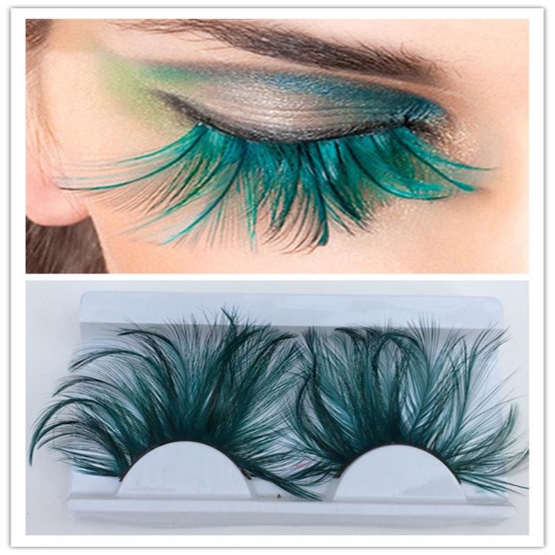 1 pairs Dark green feather 3D thick winged natural long false eyelashes exaggeration stage false eye lashes makeup tool YM117