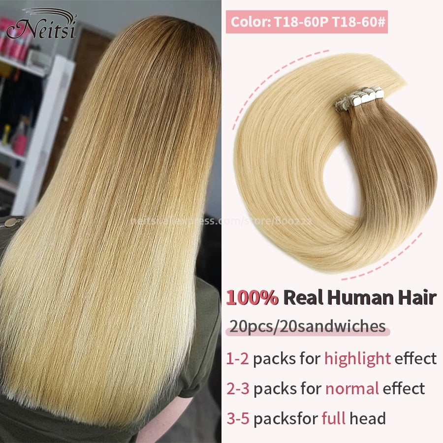 Neitsi Mini Tape In Human Hair Adhesive Extensions 12&quot;-24&quot; Blonde Remy Straight Invisible Skin Weft 100% Real Natural Glue Hair