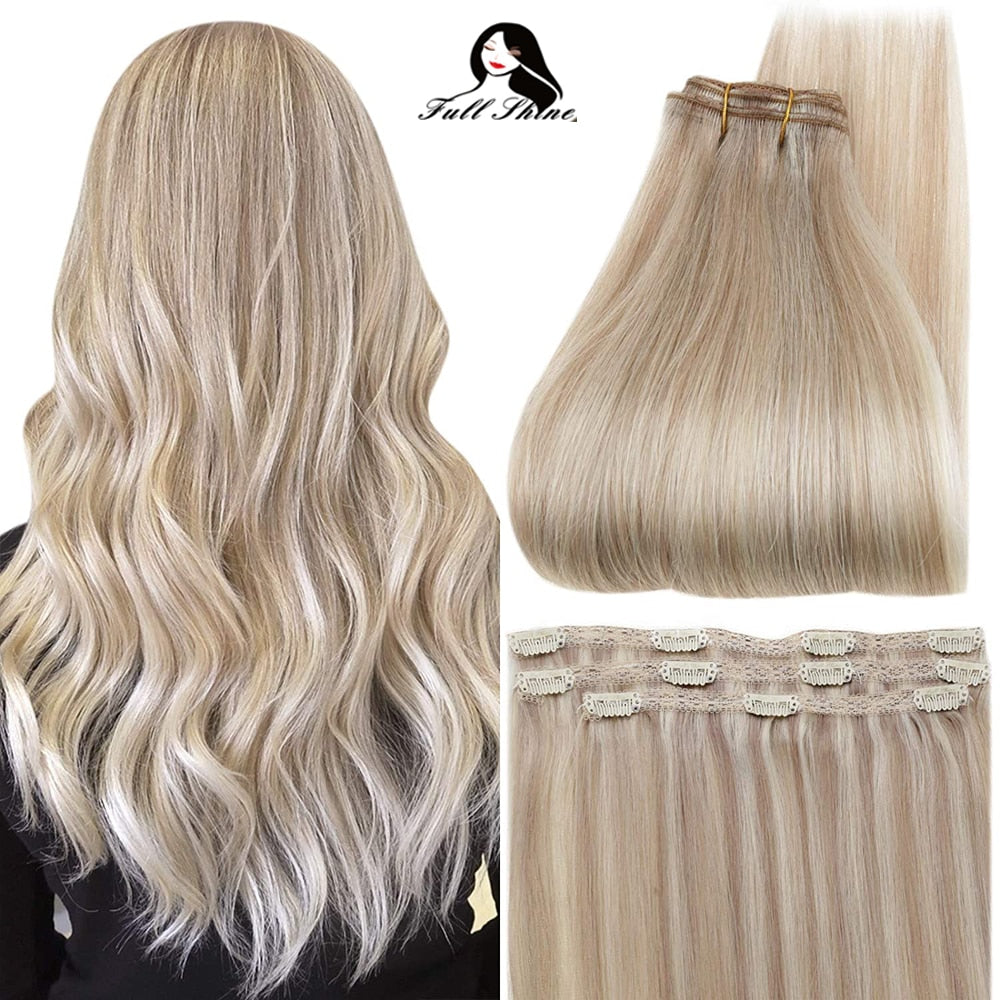 Full Shine 50 Grams Clip On Human Hair Extensions Ombre Color 3Pcs 100% Machine Remy Human Hair Hairpins Clip In Hair Extensions