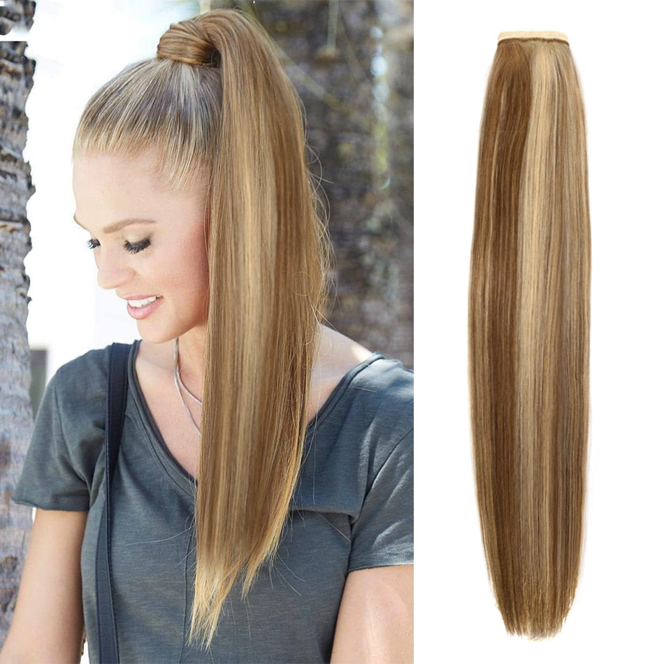 Real Beauty Ponytail Human Hair  Remy Hair Extensions European Warp Around Drawstring Clip Ins Ponytail Highlight Blonde Brown