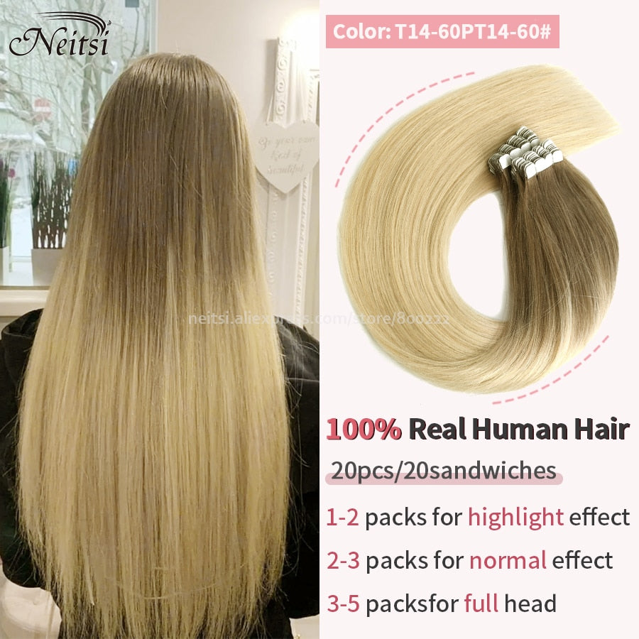 Neitsi Mini Tape In Human Hair Adhesive Extensions 12&quot;-24&quot; Blonde Remy Straight Invisible Skin Weft 100% Real Natural Glue Hair