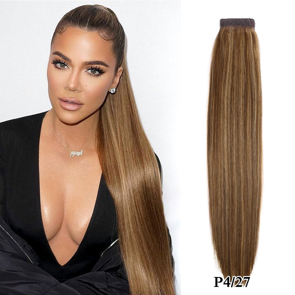 Real Beauty Ponytail Human Hair  Remy Hair Extensions European Warp Around Drawstring Clip Ins Ponytail Highlight Blonde Brown