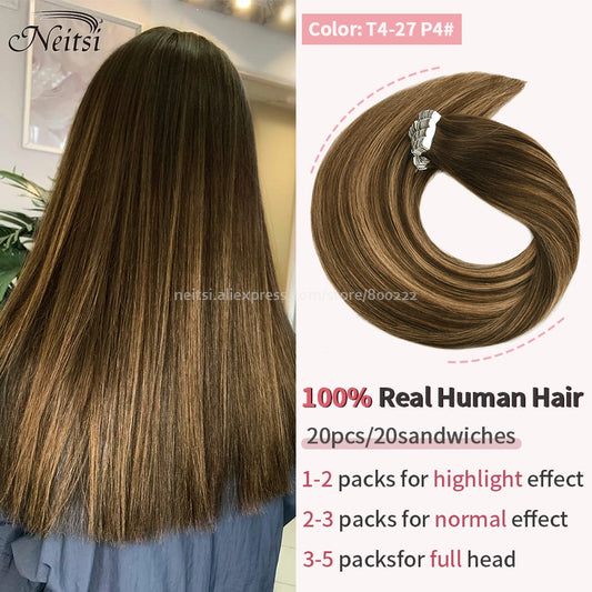 Neitsi Mini Tape In Human Hair Adhesive Extensions 12&quot;-24&quot; Blonde Remy Straight Invisible Skin Weft 100% Real Natural Glue Hair