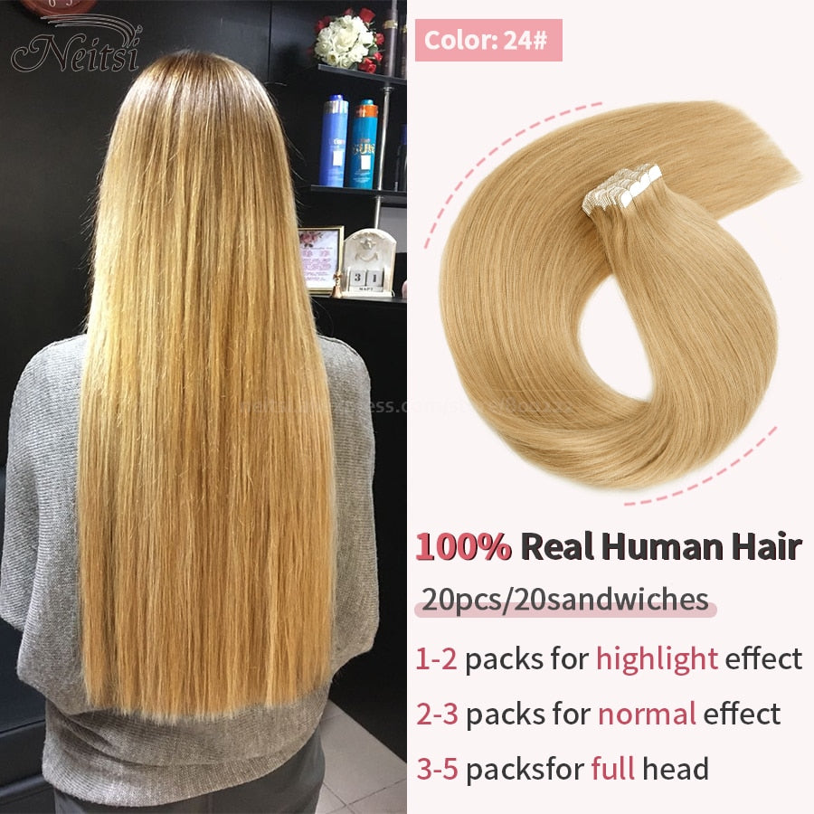 Neitsi Mini Tape In Human Hair Adhesive Extensions 12&quot;-24&quot; Blonde Remy Straight Invisible Skin Weft 100% Real Natural Glue Hair