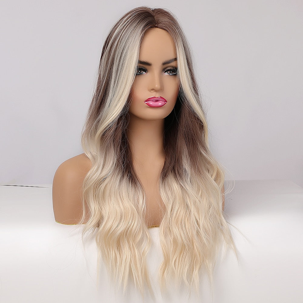 LOUIS FERRE Synthetic Ombre Wig for Women Brown Highlights on Blonde Hair Wig Long Wave Wig Natural Looking Heat Resistant Fibre