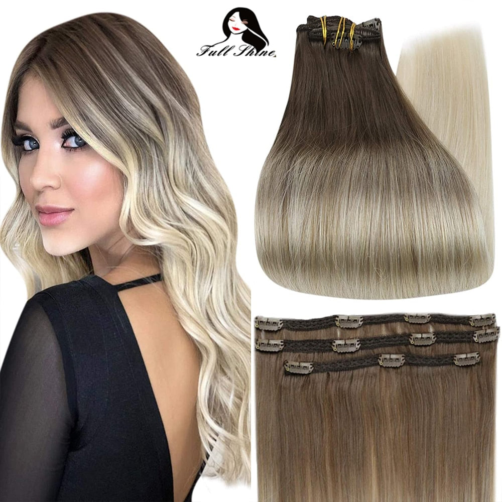 Full Shine 50 Grams Clip On Human Hair Extensions Ombre Color 3Pcs 100% Machine Remy Human Hair Hairpins Clip In Hair Extensions