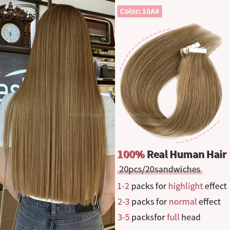 Neitsi Mini Tape In Human Hair Adhesive Extensions 12&quot;-24&quot; Blonde Remy Straight Invisible Skin Weft 100% Real Natural Glue Hair