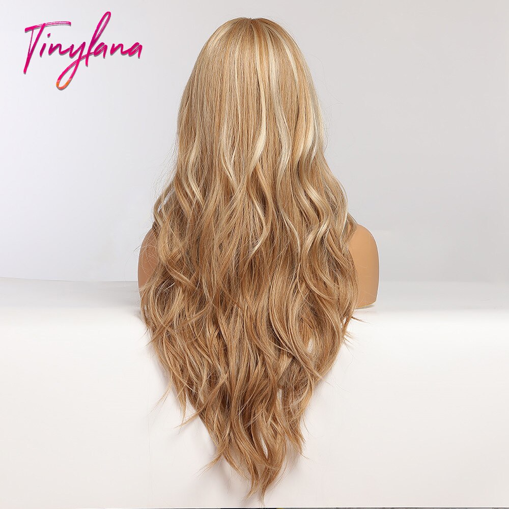 TINY LANA Long Wavy Blonde Synthetic Wigs with Highlights Middle Part for Afro Women Cosplay Natural Hair Heat Resistant Fibre