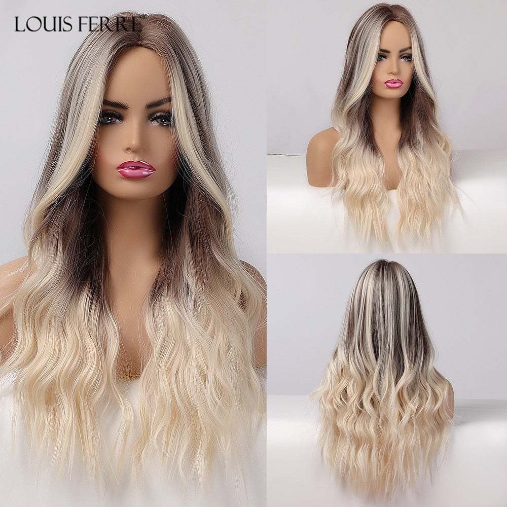 LOUIS FERRE Synthetic Ombre Wig for Women Brown Highlights on Blonde Hair Wig Long Wave Wig Natural Looking Heat Resistant Fibre